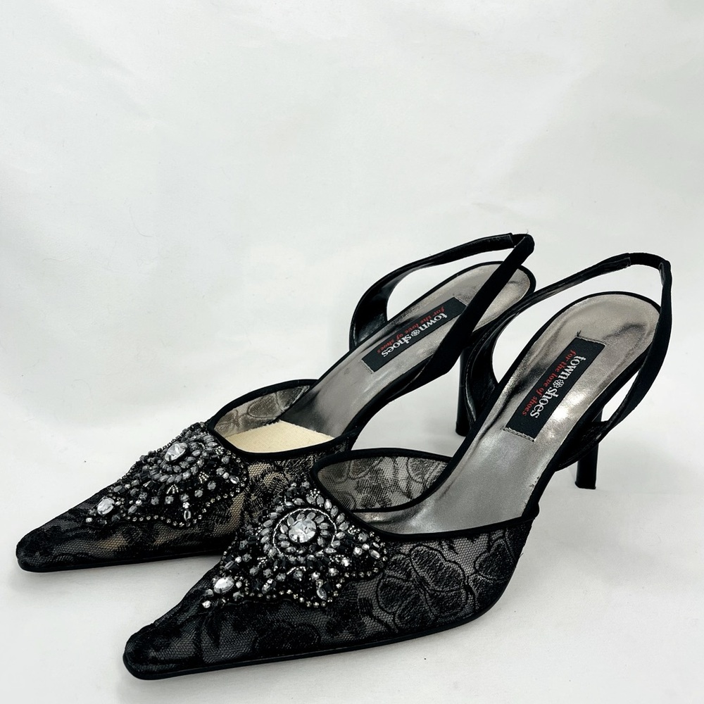 Town Shoes Black Lace Crystal Jewel Pointed Toe Kitten Heels